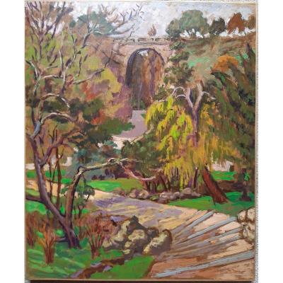 Marco Behar ( 1898-1959) Tableau Huile Sur Isorel peinture Paris Le Parc Des Buttes Chaumont