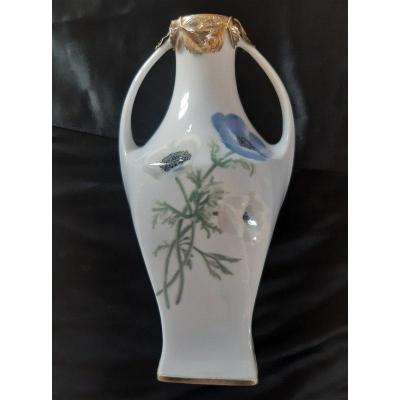 Vase Art Nouveau Monture Argent Minerve En Porcelaine Allemande Metzler et Ortloff Thuringe Dlg De Royal Copenhague