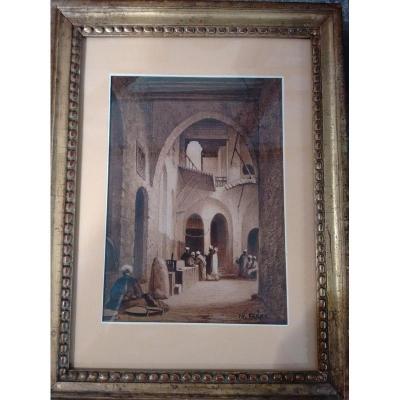 Charles-théodore Frère (paris 1814 - 1888) Interior Of A Khan In Cairo, Orientalist Drawing