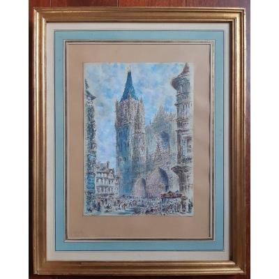 Rouen Cathedral And Its Square Animated Drawing In Watercolor And Gouache