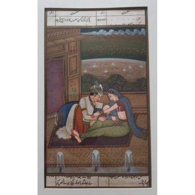 4 Ravishing Indian Miniatures Gallant Scenes With Ink And Gouache Miniature Characters XIXème Century