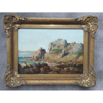 Andrée Chameron (1894- 1985) Près de la Baie de Perros-Guirec côte rocheuse bord de mer en Bretagne huile sur panneau marine