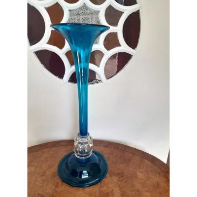 Large Cornet Legras Vase In Turkish Blue Blown Glass 50 Cm Creation For The Universe Exhibition Paris De 1889