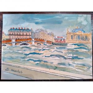 Elisée Maclet (1881-1962) Aquarelle Paris Crue De La Seine