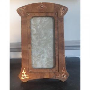 Large Photo Frame In Wood, Leather And Brass Art Nouveau Jugenstil Around 1900