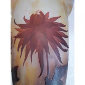 Art Nouveau Vase Daum Nancy On Piedouche Decorated With Dahlias In Bloom On A Pink Background