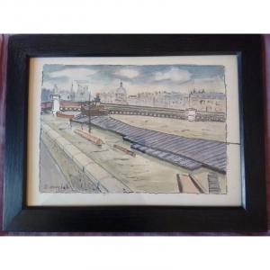 Elisée Maclet (1881-1962) Watercolor Ink Paris Quais De La Seine Barge