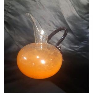 Charles Schneider (1881-1953) Rare Bubbled Glass Pitcher Colorless Gradient Orange Towards 1920-1926