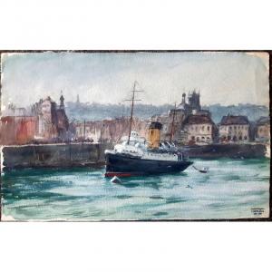 André-eugène Costilhes (1865-1940) View Of Dieppe The Basin In Watercolor