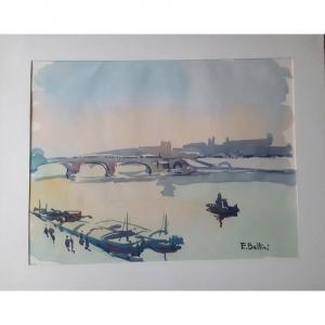 Emmanuel Bellini (monaco 1904-1989) Watercolor Paris The Seine The Pont Neuf And The Louvre