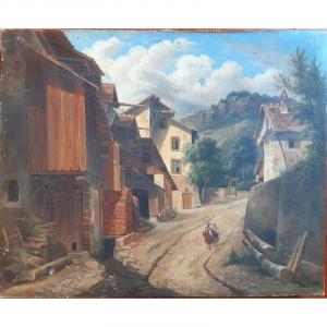 French School Of The XIXth Century Oil On Canvas Lively Village Street Around 1830