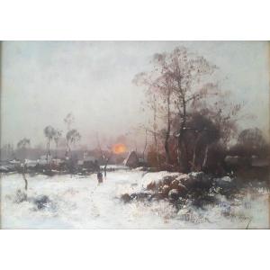 Eugène Galien Laloue (1854-1941) Galien-Laloue Huile Sur Toile Hameau Sous La Neige Signée J. Lievin