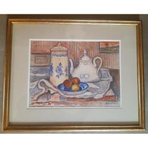 Henri  De Saint-Delis (Marconne 1878-Honfleur 1949) Aquarelle à La Théière Et Aux Fruits