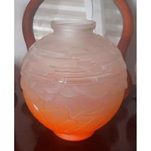 Charles Schneider Superbe Et Important Vase Boule Géométrique verre poudré orange vif Art Déco Vers 1930