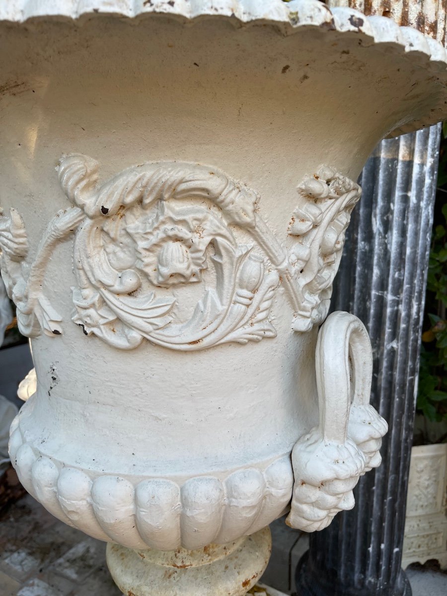 Paire De Vasques De Jardin/ Vases Medicis En Fonte Avec Leur Supports/piédestaux -photo-4
