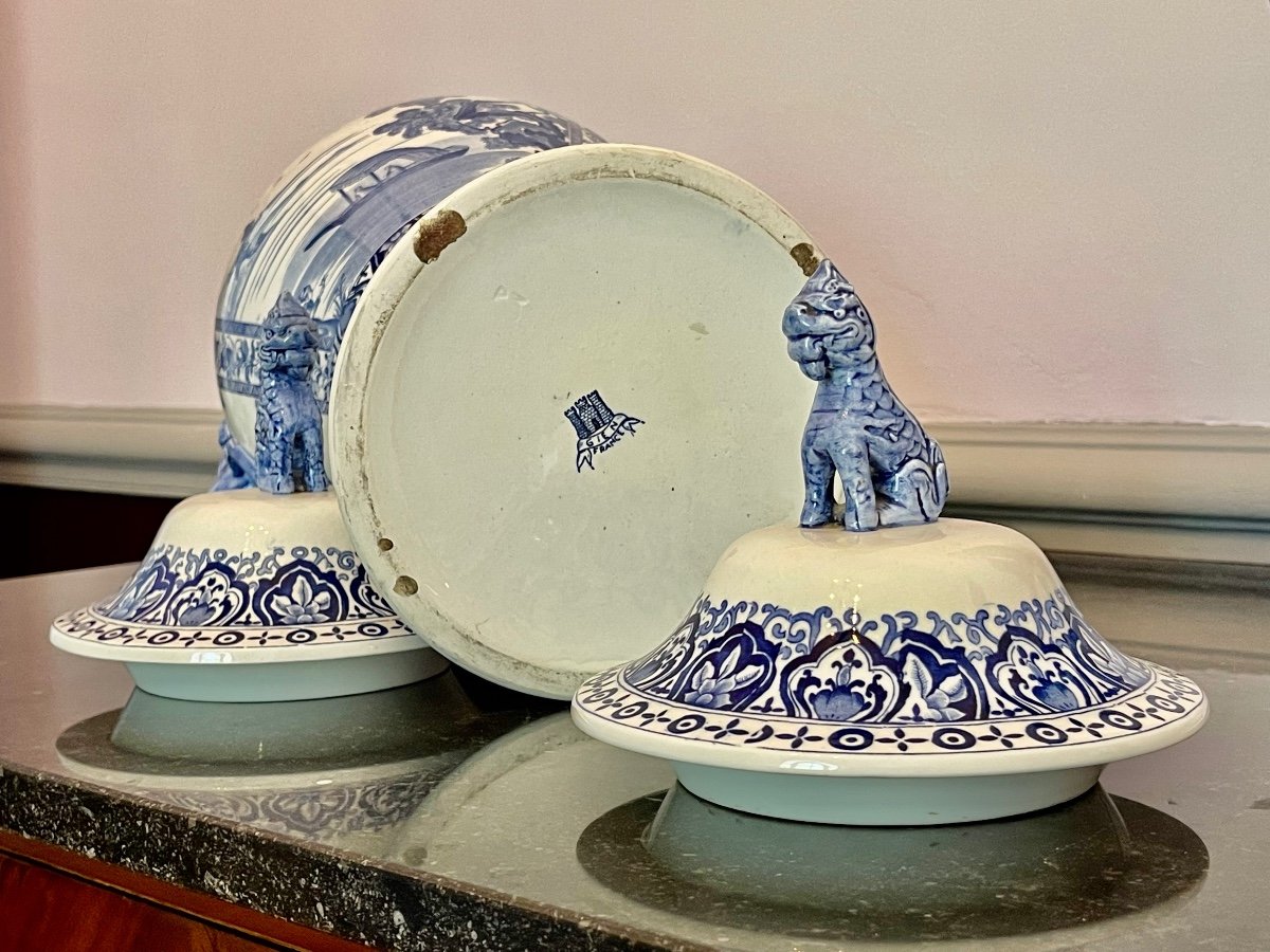Pair Of Large Covered Vases In Gien Earthenware.-photo-4