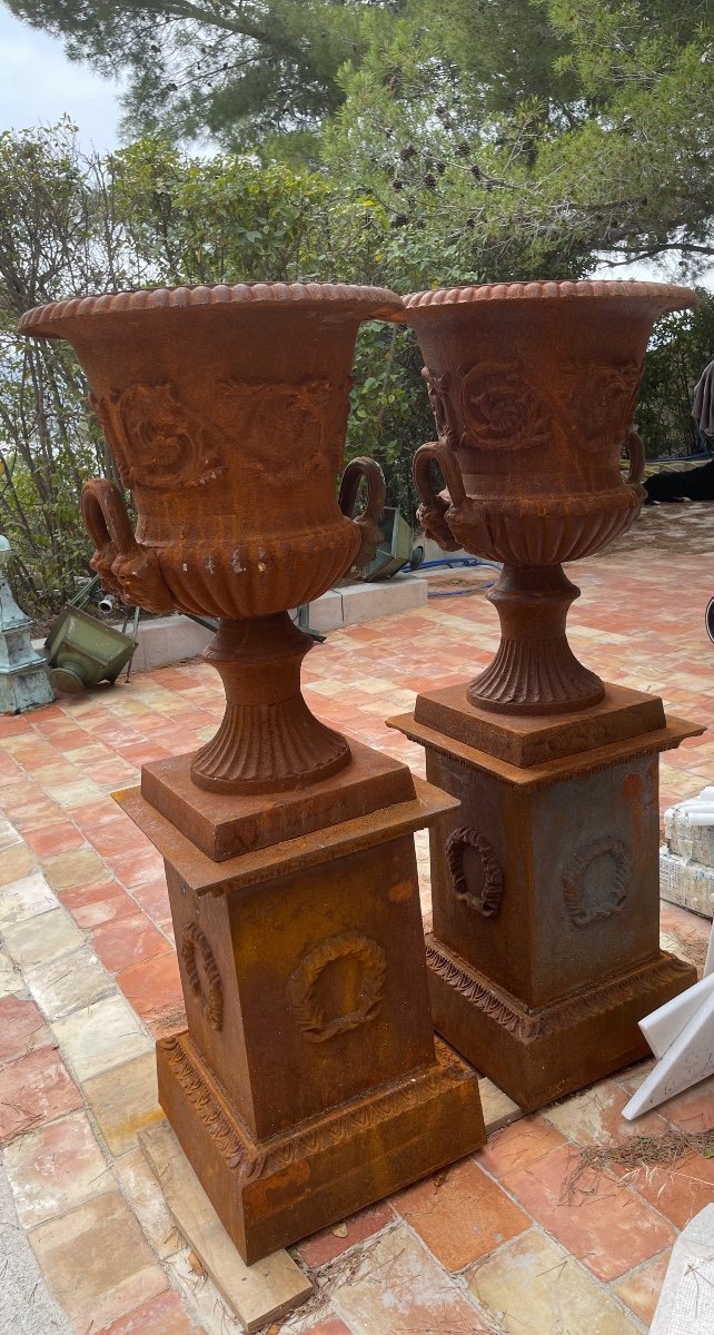 "pair Of Cast Iron Garden Basins / Medici Vases With Their Supports / Pedestals"-photo-2