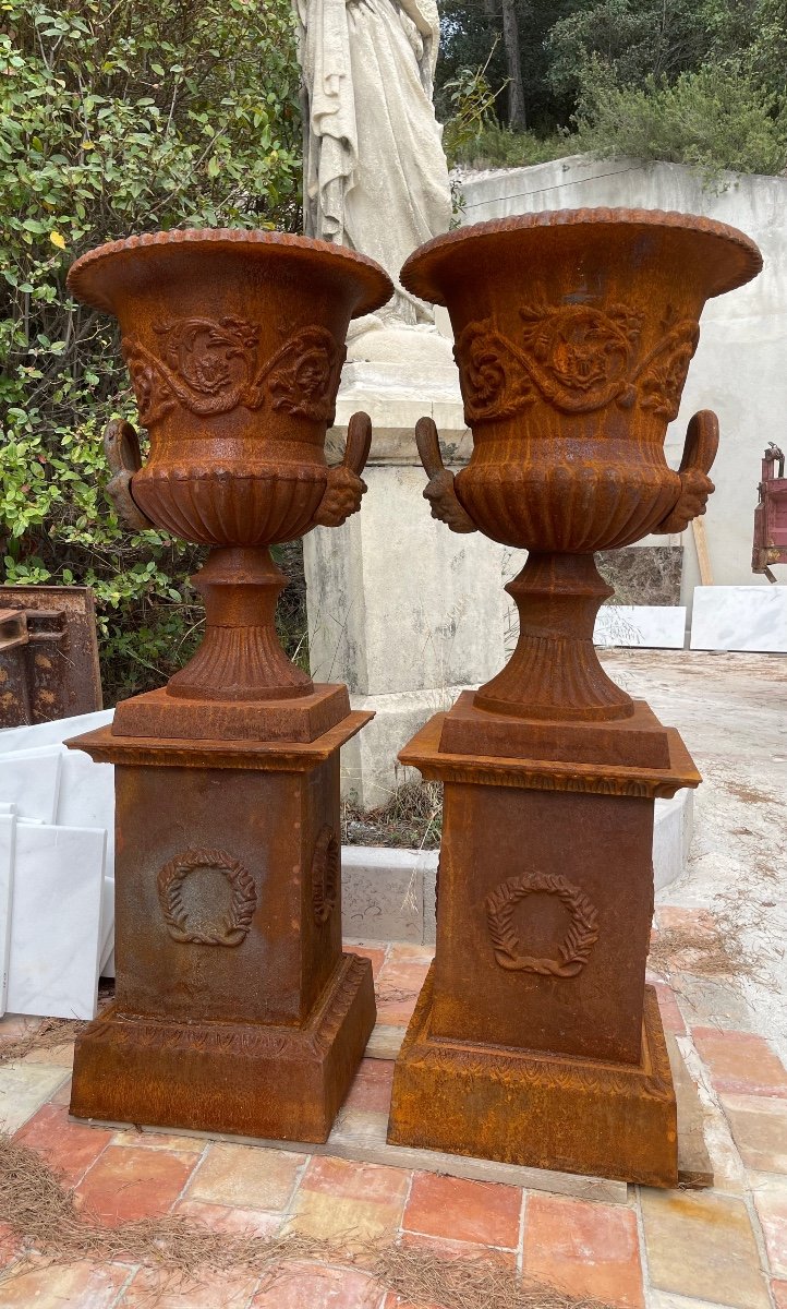 "pair Of Cast Iron Garden Basins / Medici Vases With Their Supports / Pedestals"-photo-4