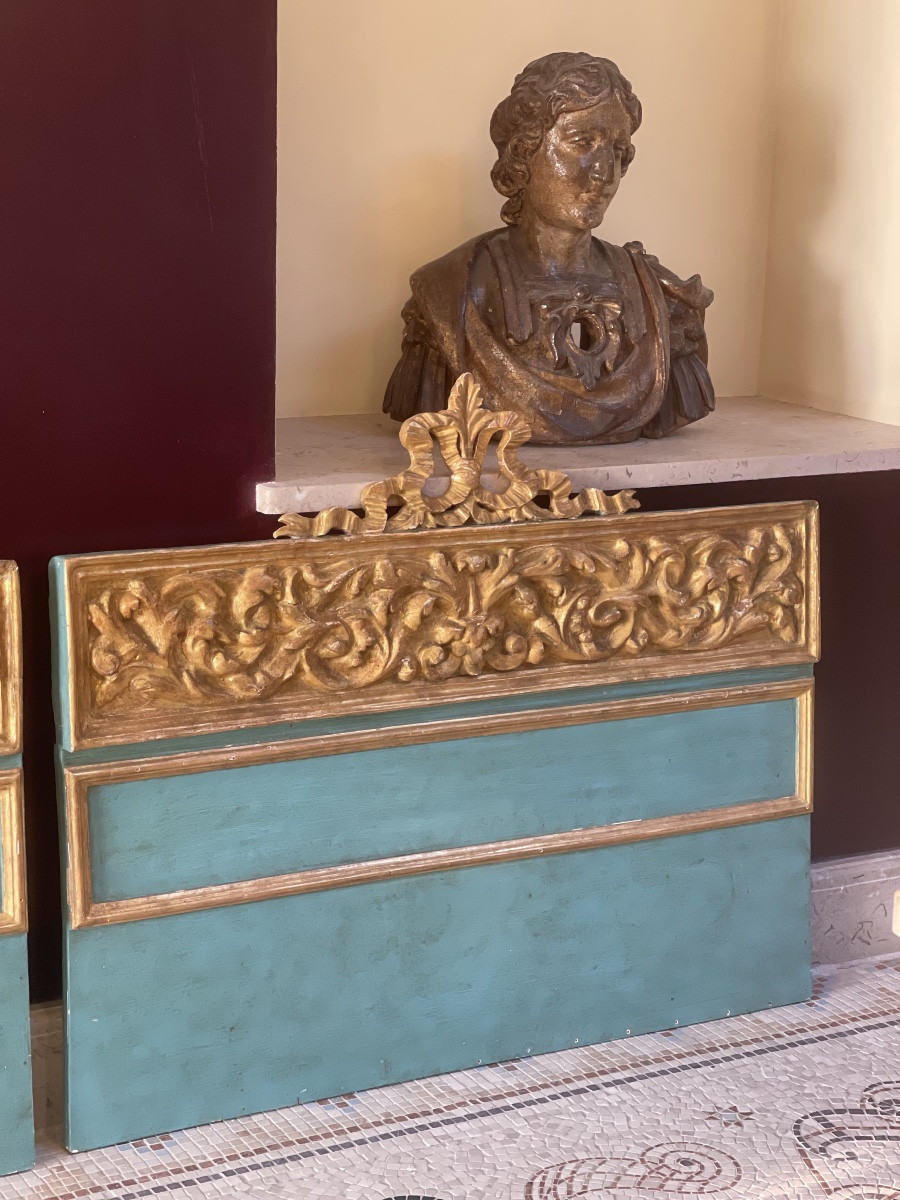 Paire de têtes de lit en bois doré et peint - Création à partir de frontons siciliens XVIII e s-photo-2