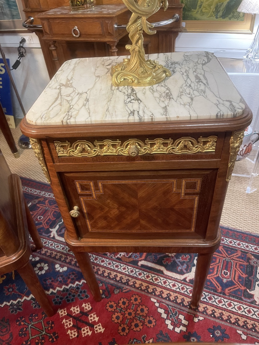 Pair Of Bedside Tables In Marquetry And Gilded Bronze, Marble Top, 1920s Period - Louis XVI Style-photo-3