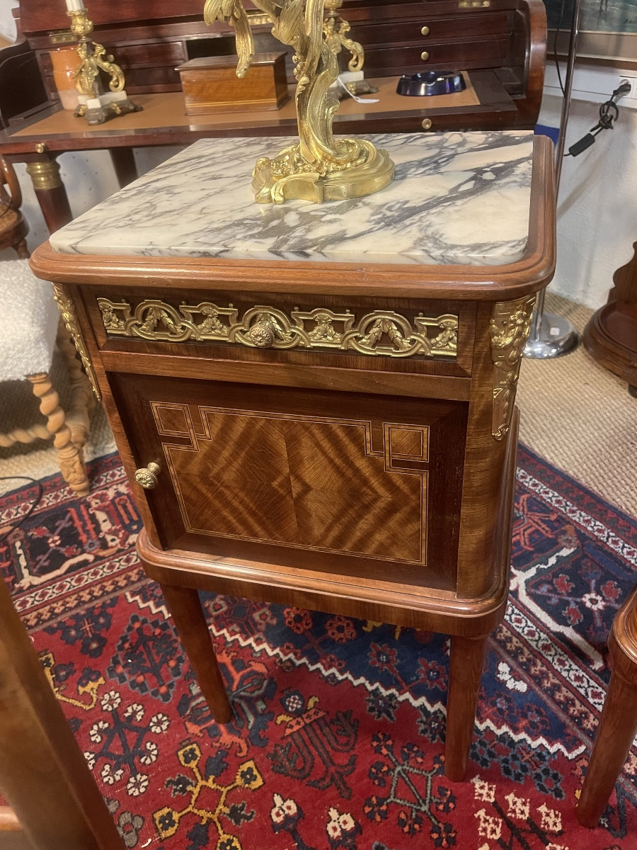 Pair Of Bedside Tables In Marquetry And Gilded Bronze, Marble Top, 1920s Period - Louis XVI Style-photo-4