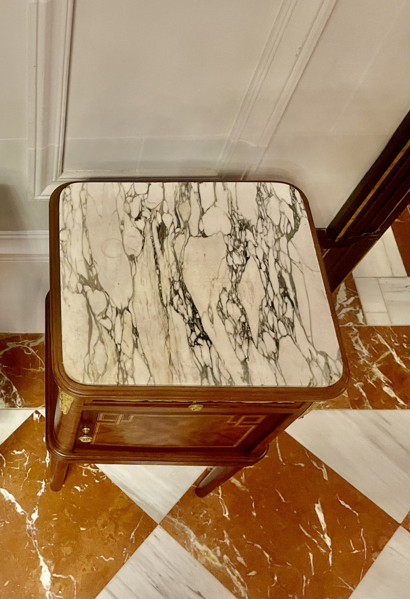 Pair Of Bedside Tables In Marquetry And Gilded Bronze, Marble Top, 1920s Period - Louis XVI Style-photo-1