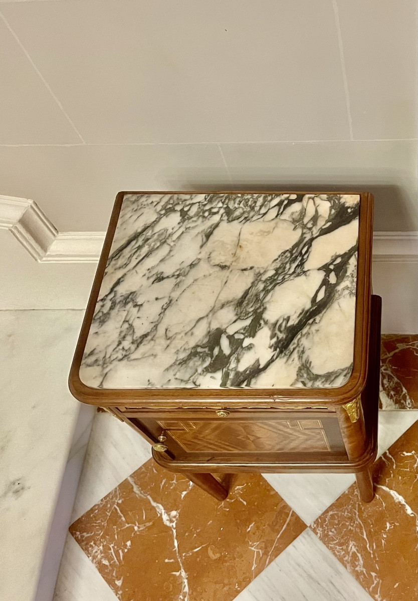 Pair Of Bedside Tables In Marquetry And Gilded Bronze, Marble Top, 1920s Period - Louis XVI Style-photo-2