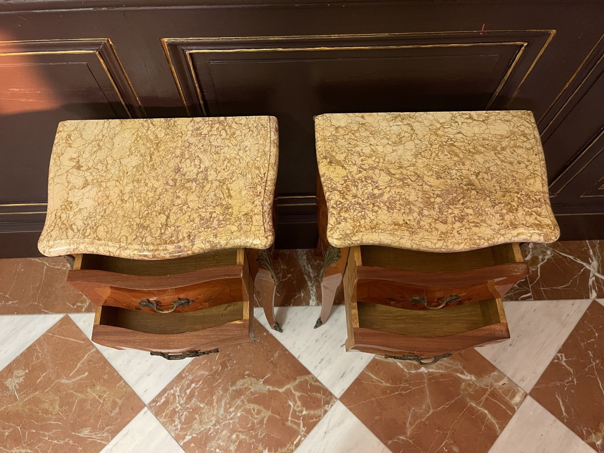Pair Of Louis XV Style Bedside Tables In Marquetry And Gilt Bronze, Marble Top-photo-5