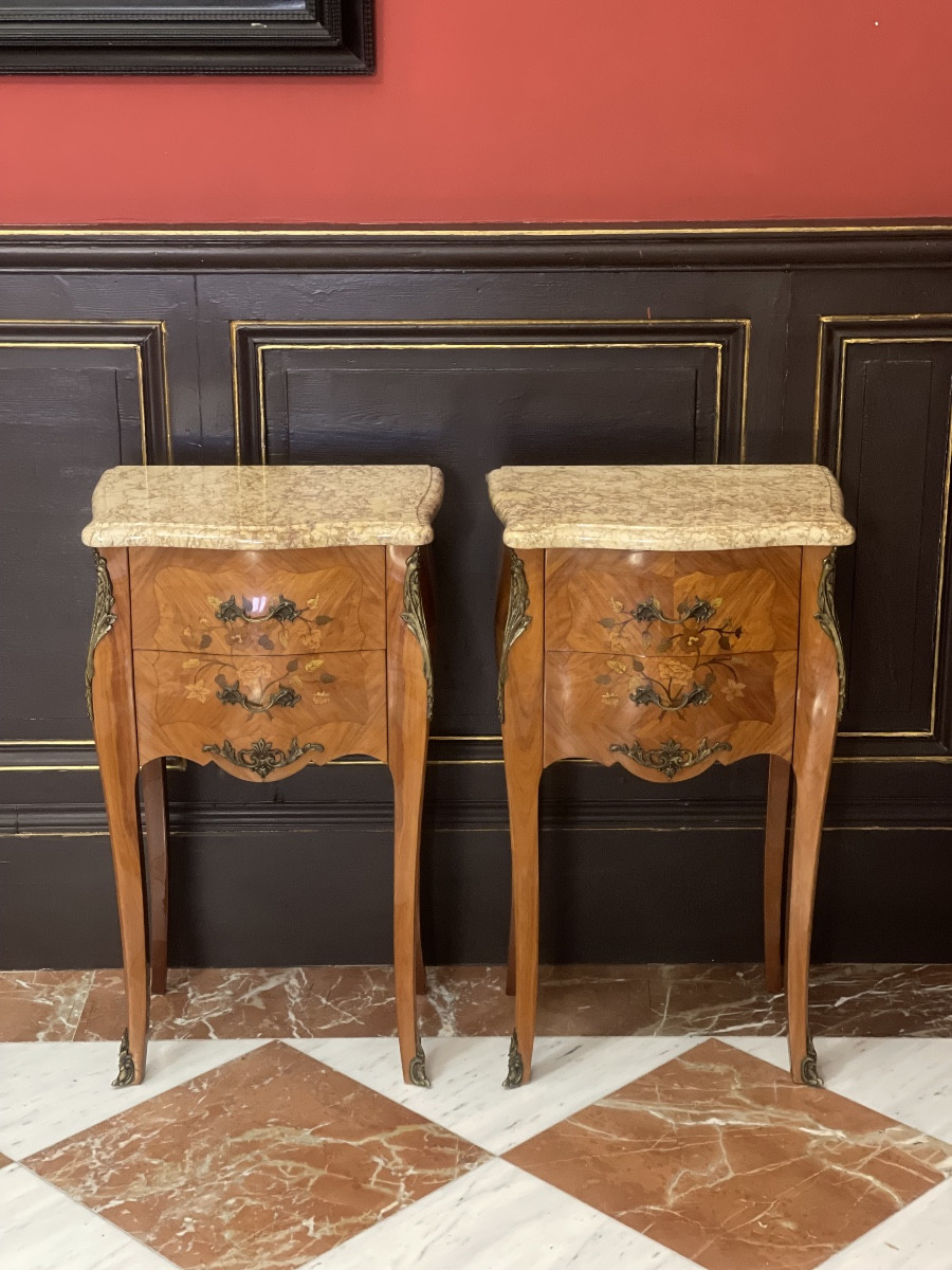 Pair Of Louis XV Style Bedside Tables In Marquetry And Gilt Bronze, Marble Top