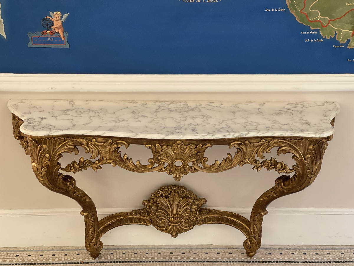 Carved And Gilded Wooden Console Table With A Marble Top – 20th Century Work-photo-4