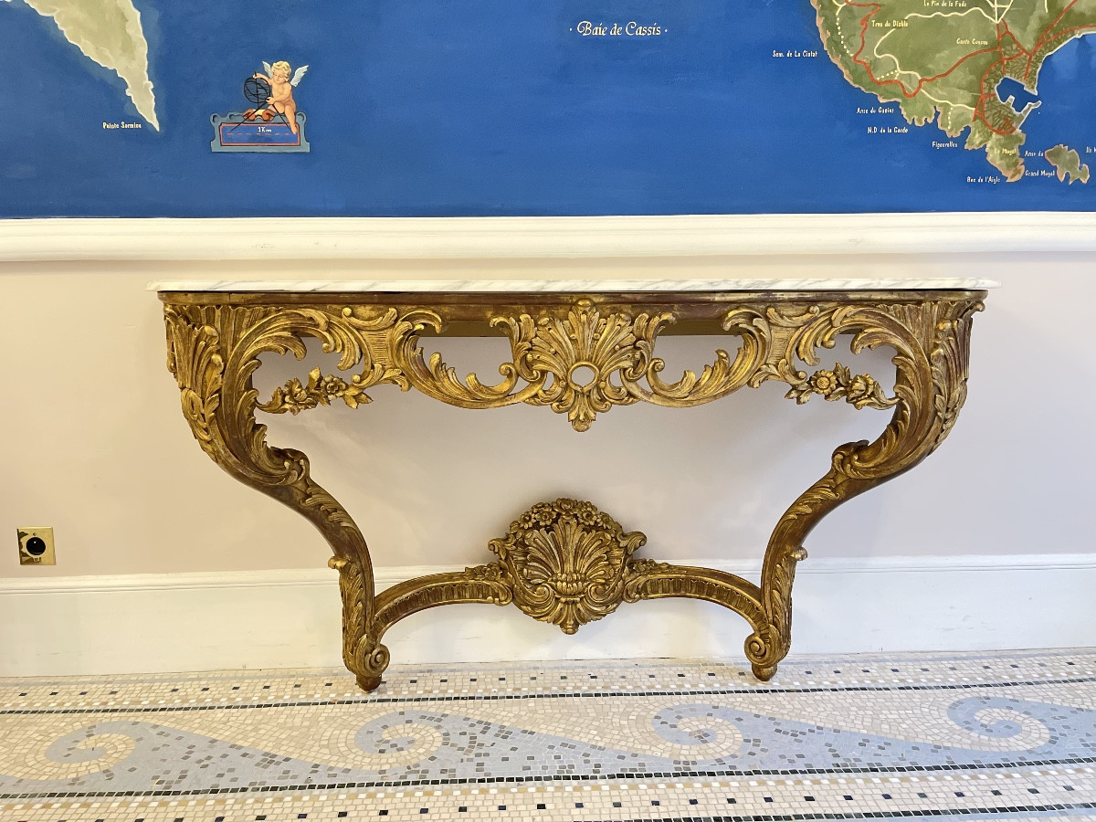 Console en bois sculpté et doré, dessus en marbre -photo-3