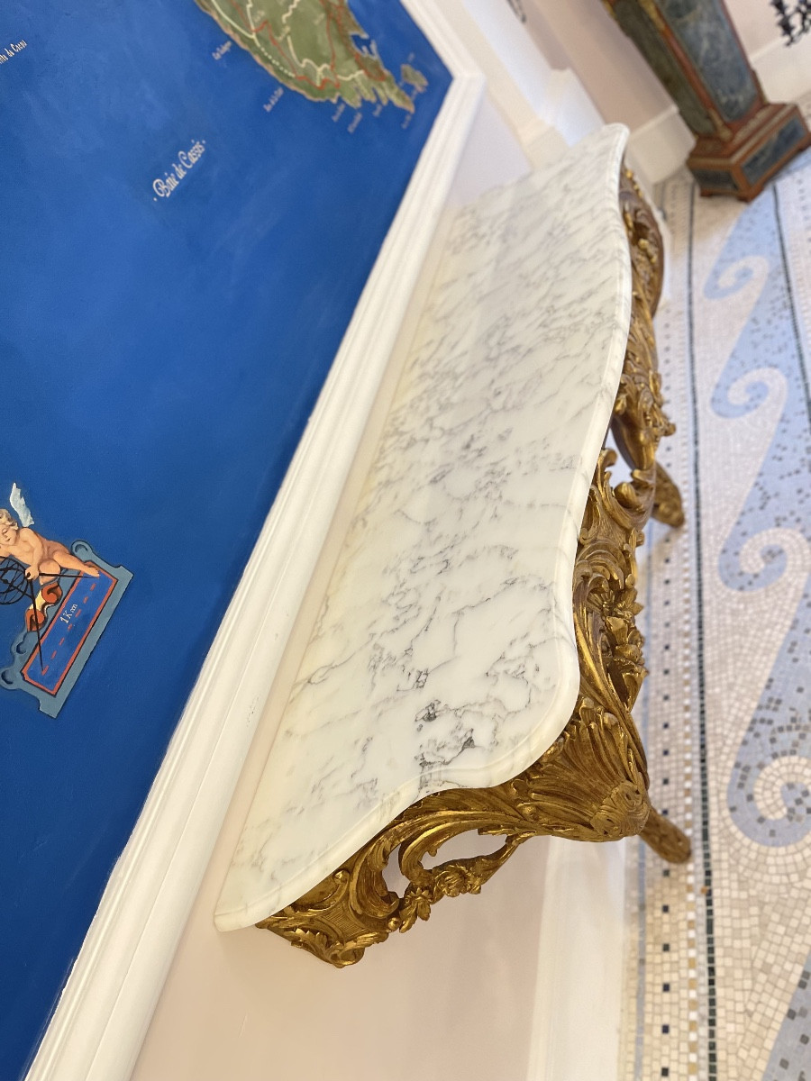 Console en bois sculpté et doré, dessus en marbre -photo-8