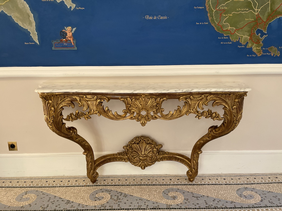 Carved And Gilded Wooden Console Table With A Marble Top – 20th Century Work