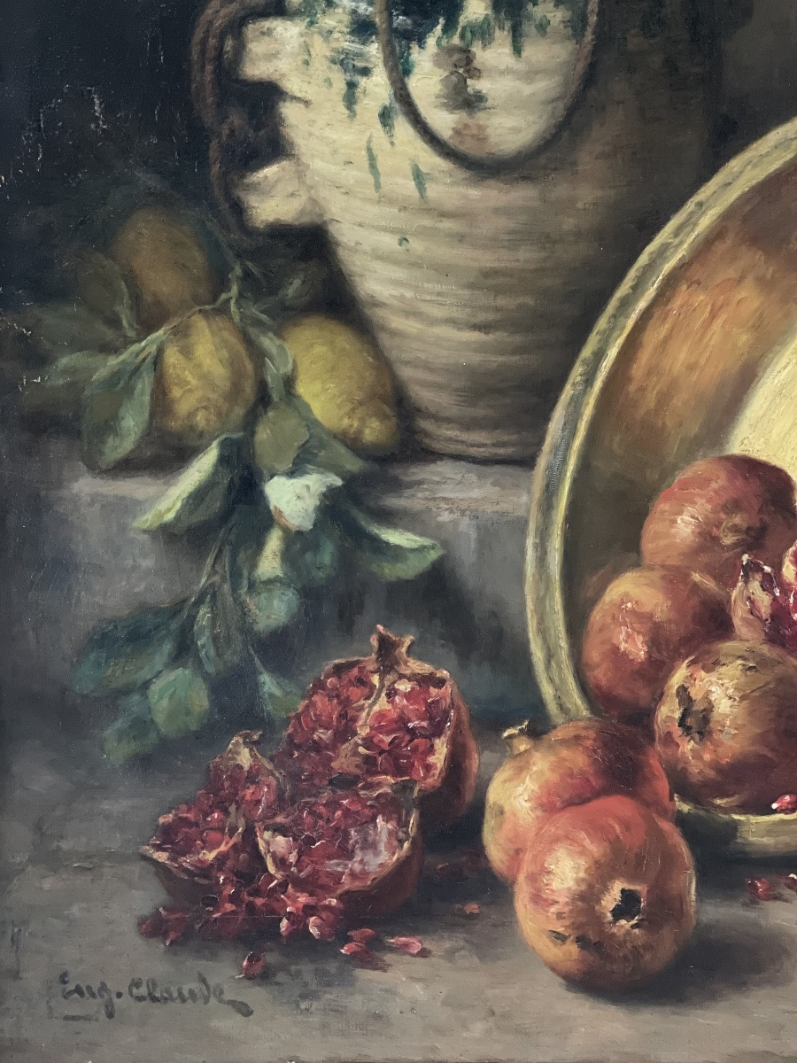 Grande nature morte aux grenades – Huile sur toile signée Eugène Claude-photo-2
