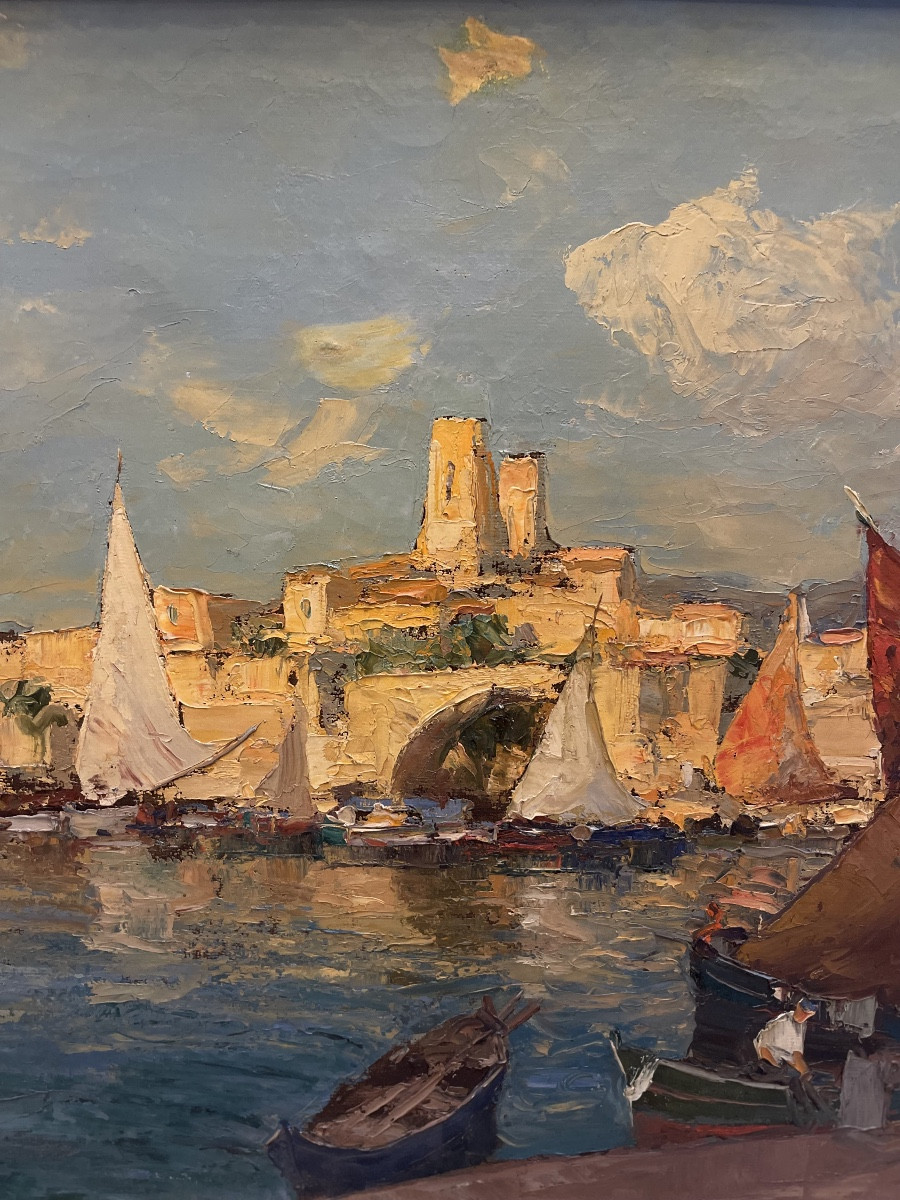 Oil On Canvas By Merio Ameglio Representing A Lively Mediterranean Harbour-photo-3