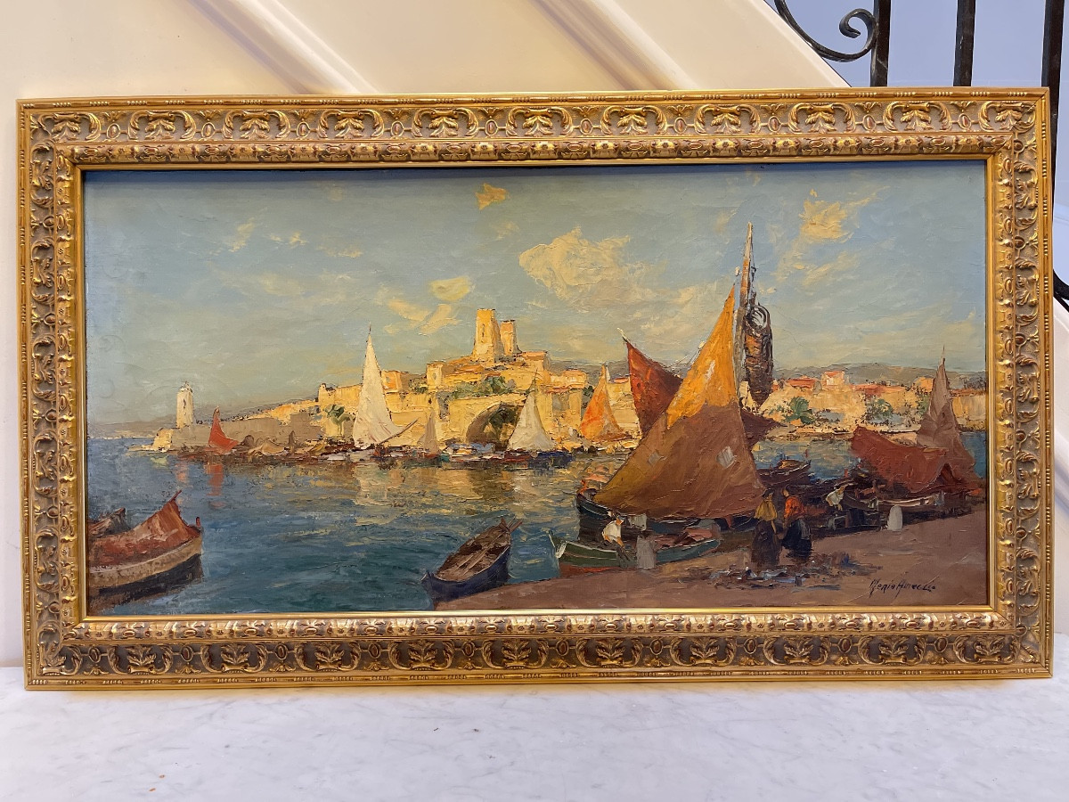 Oil On Canvas By Merio Ameglio Representing A Lively Mediterranean Harbour-photo-2