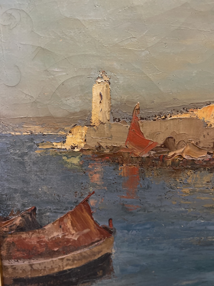 Oil On Canvas By Merio Ameglio Representing A Lively Mediterranean Harbour-photo-3