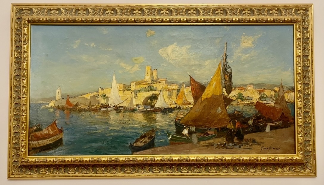 Oil On Canvas By Merio Ameglio Representing A Lively Mediterranean Harbour