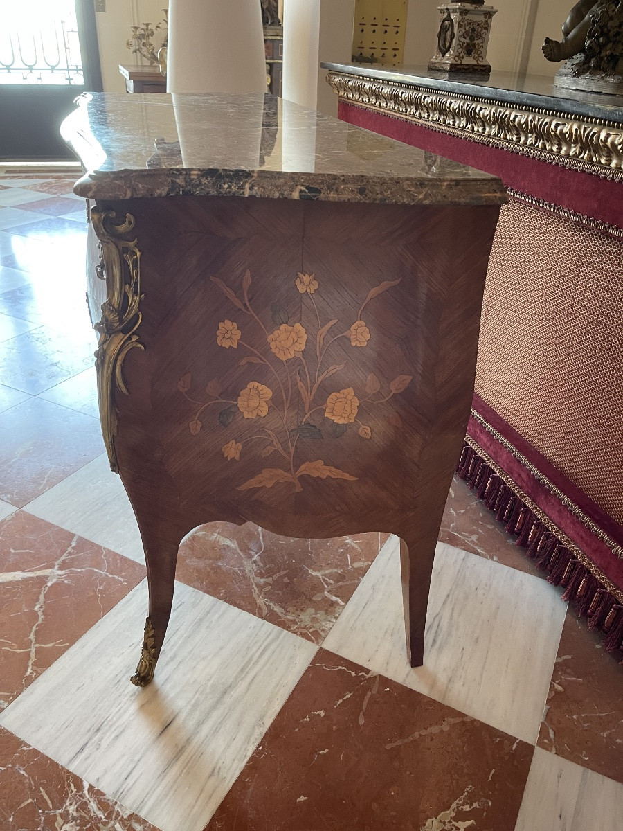Commode galbée de style Louis XV en marqueterie florale, époque Napoléon III – XIXe siècle-photo-2