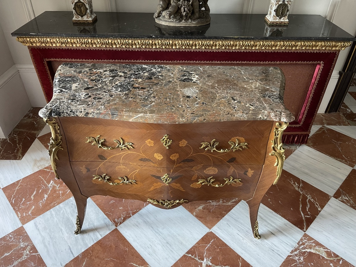 Commode galbée de style Louis XV en marqueterie florale, époque Napoléon III – XIXe siècle-photo-8