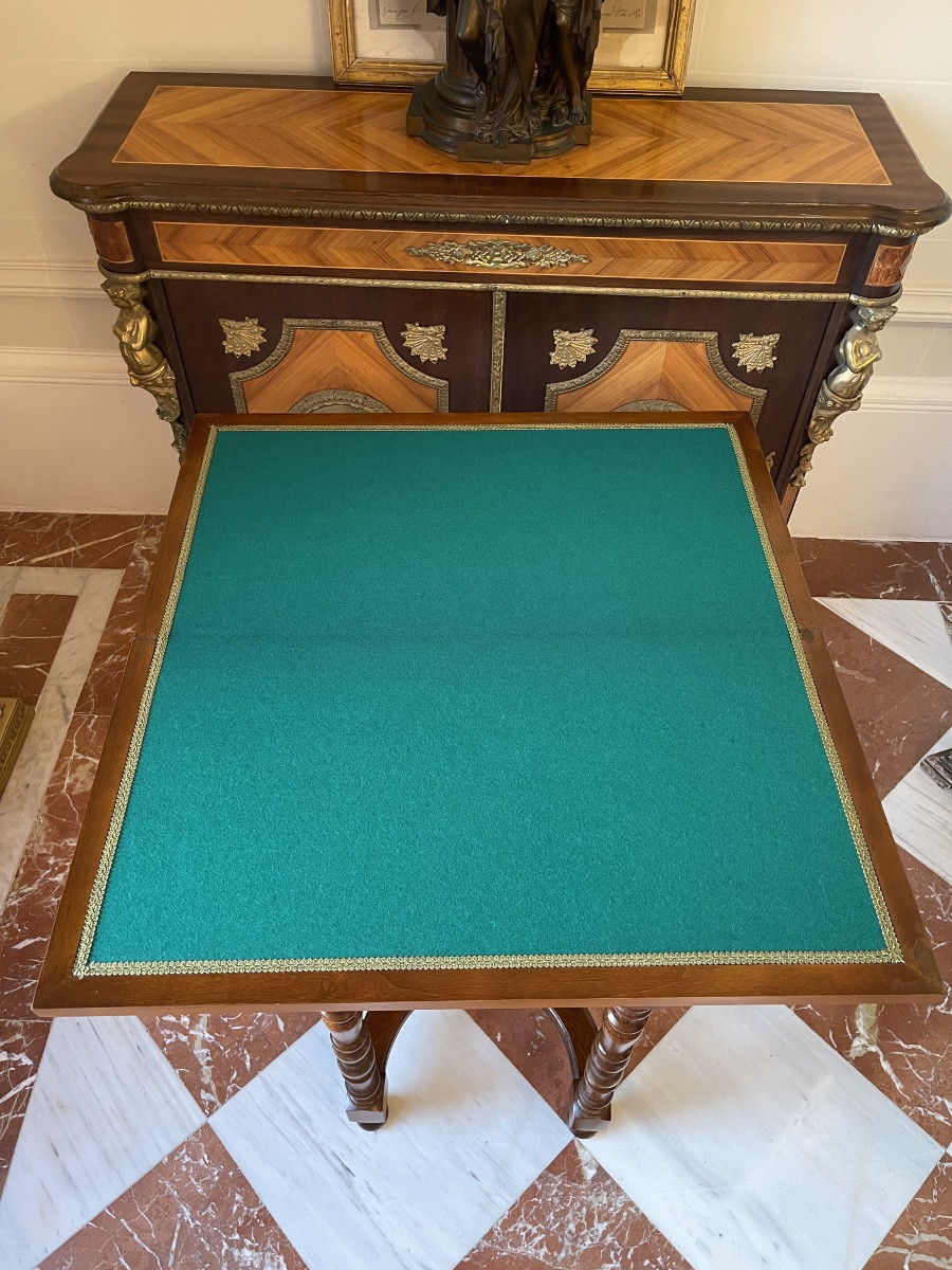 Walnut Burl Veneer Games Table With Marquetry Top – 2 Drawers – Early 20th Century-photo-3