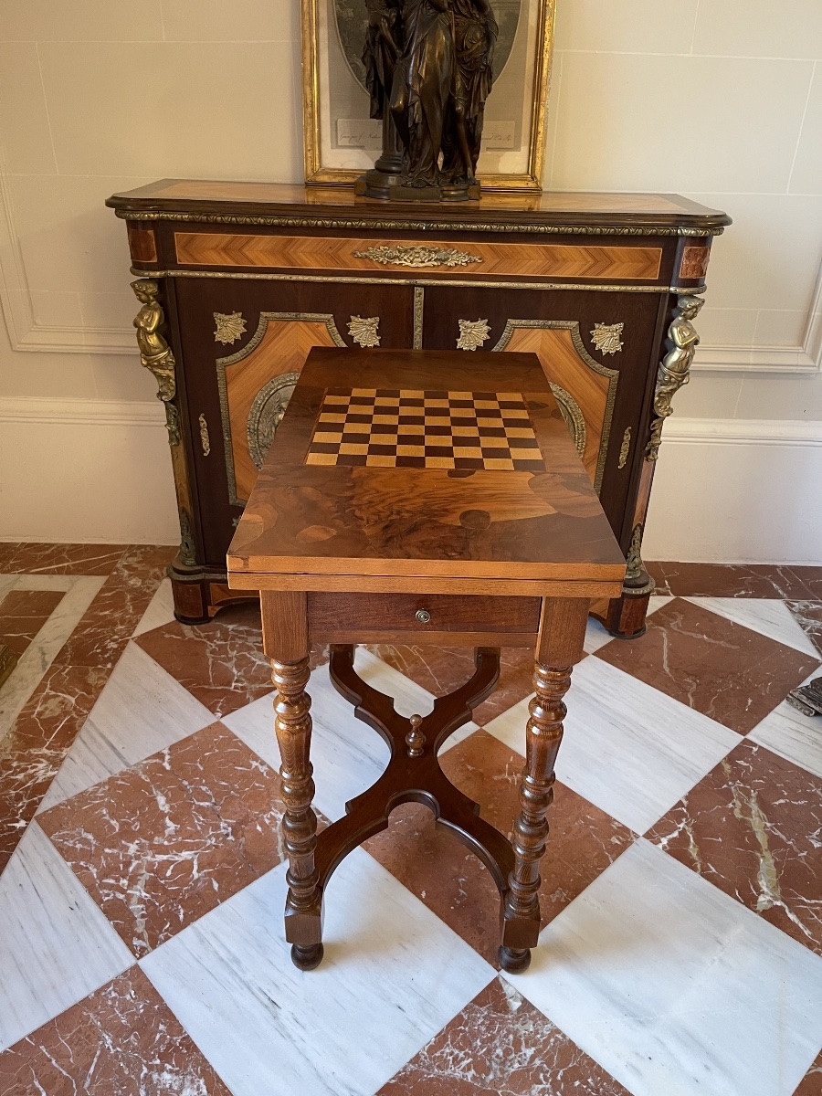 Walnut Burl Veneer Games Table With Marquetry Top – 2 Drawers – Early 20th Century-photo-4