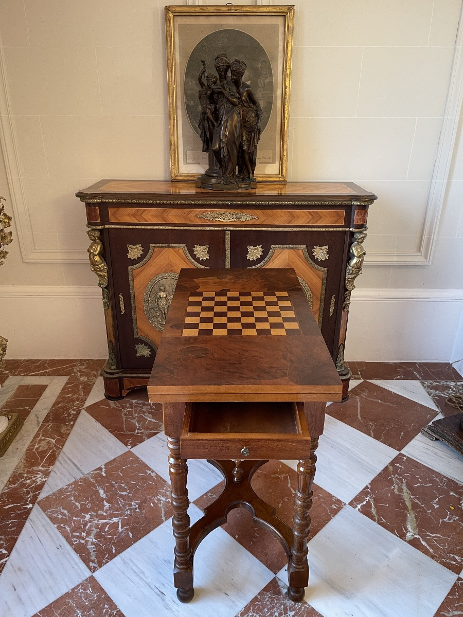Walnut Burl Veneer Games Table With Marquetry Top – 2 Drawers – Early 20th Century-photo-6