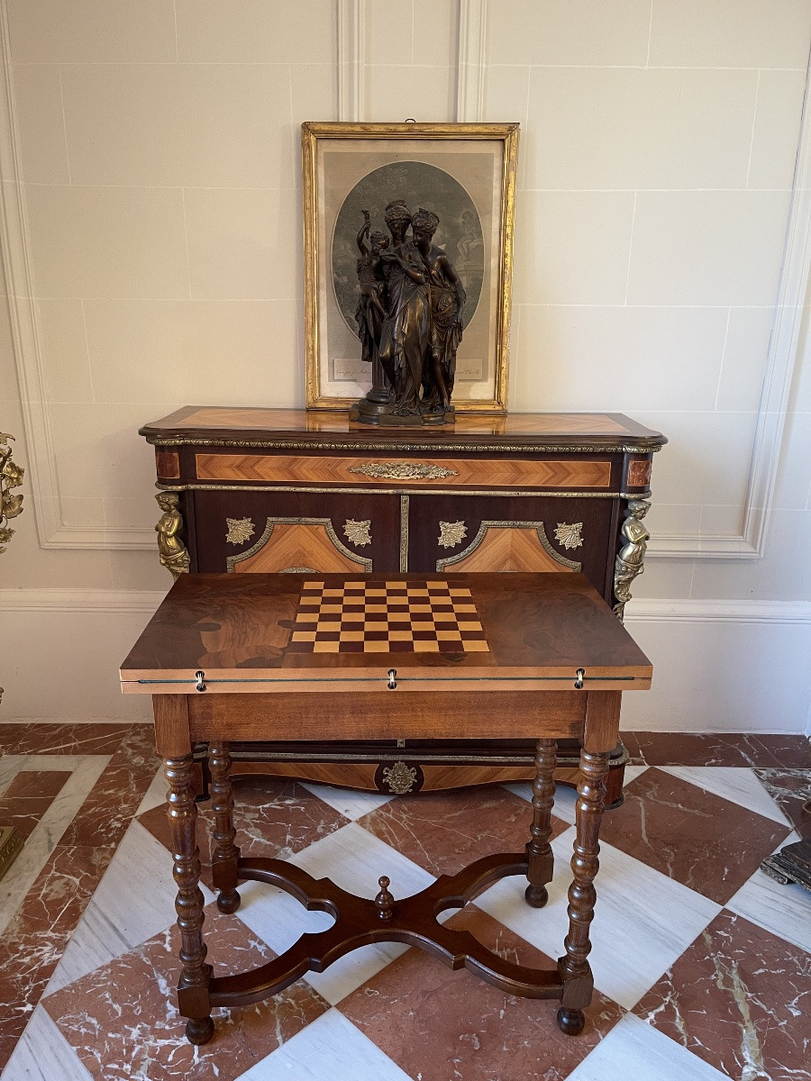 Walnut Burl Veneer Games Table With Marquetry Top – 2 Drawers – Early 20th Century-photo-7