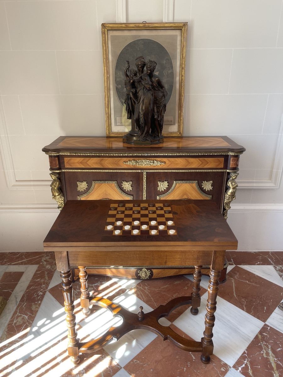 Walnut Burl Veneer Games Table With Marquetry Top – 2 Drawers – Early 20th Century-photo-1