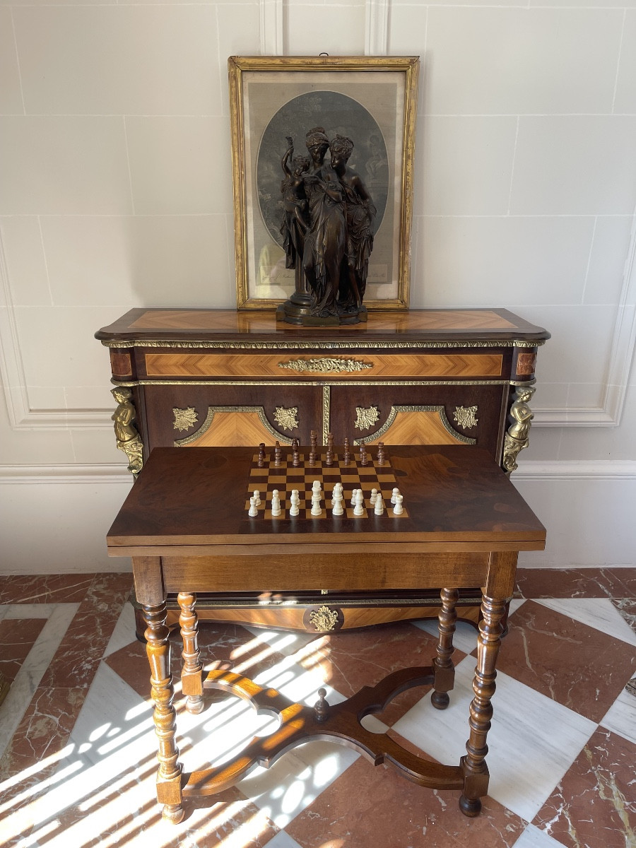 Walnut Burl Veneer Games Table With Marquetry Top – 2 Drawers – Early 20th Century