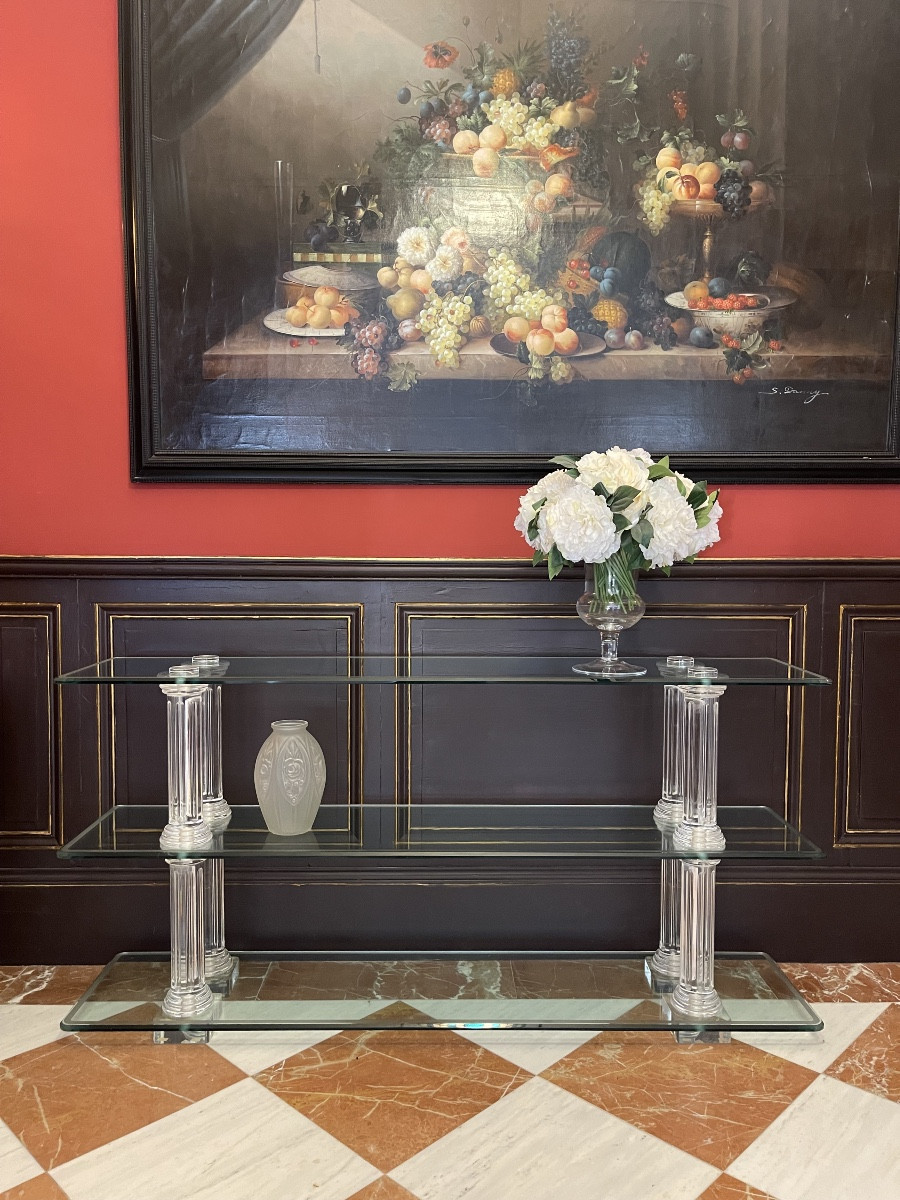 Grande console en verre épais et colonnettes cannelées - style Hollywood Regency, années 1970-photo-2