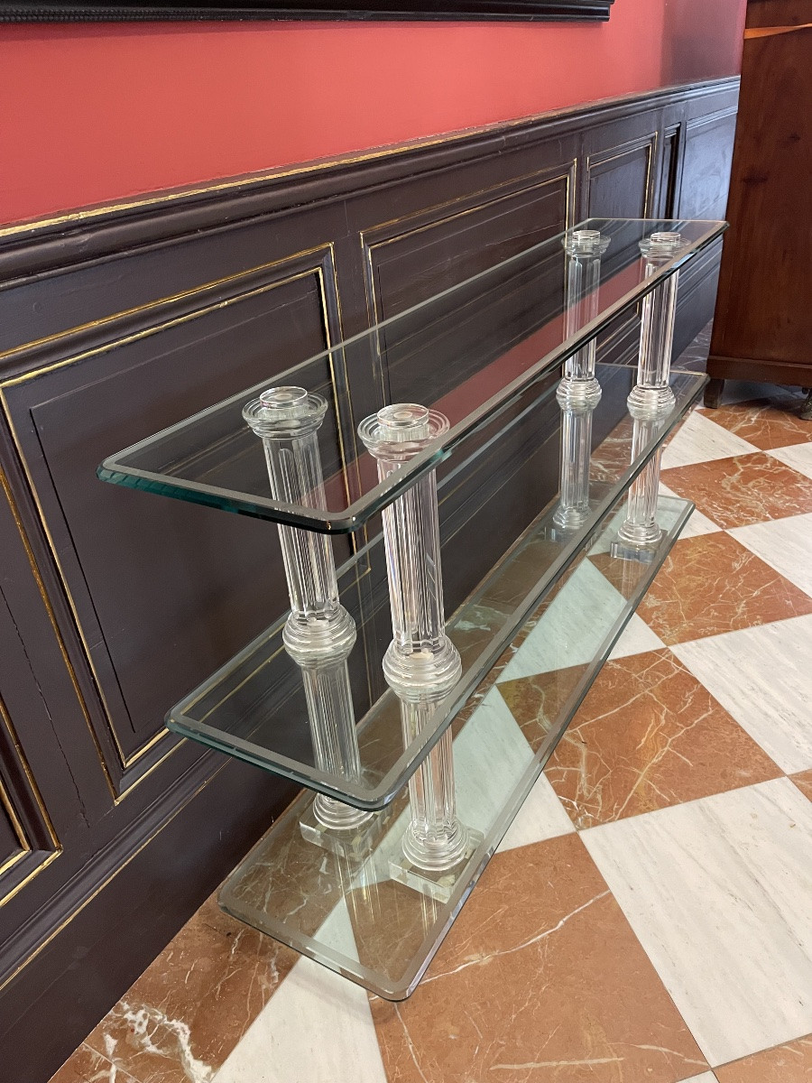 Grande console en verre épais et colonnettes cannelées - style Hollywood Regency, années 1970-photo-1