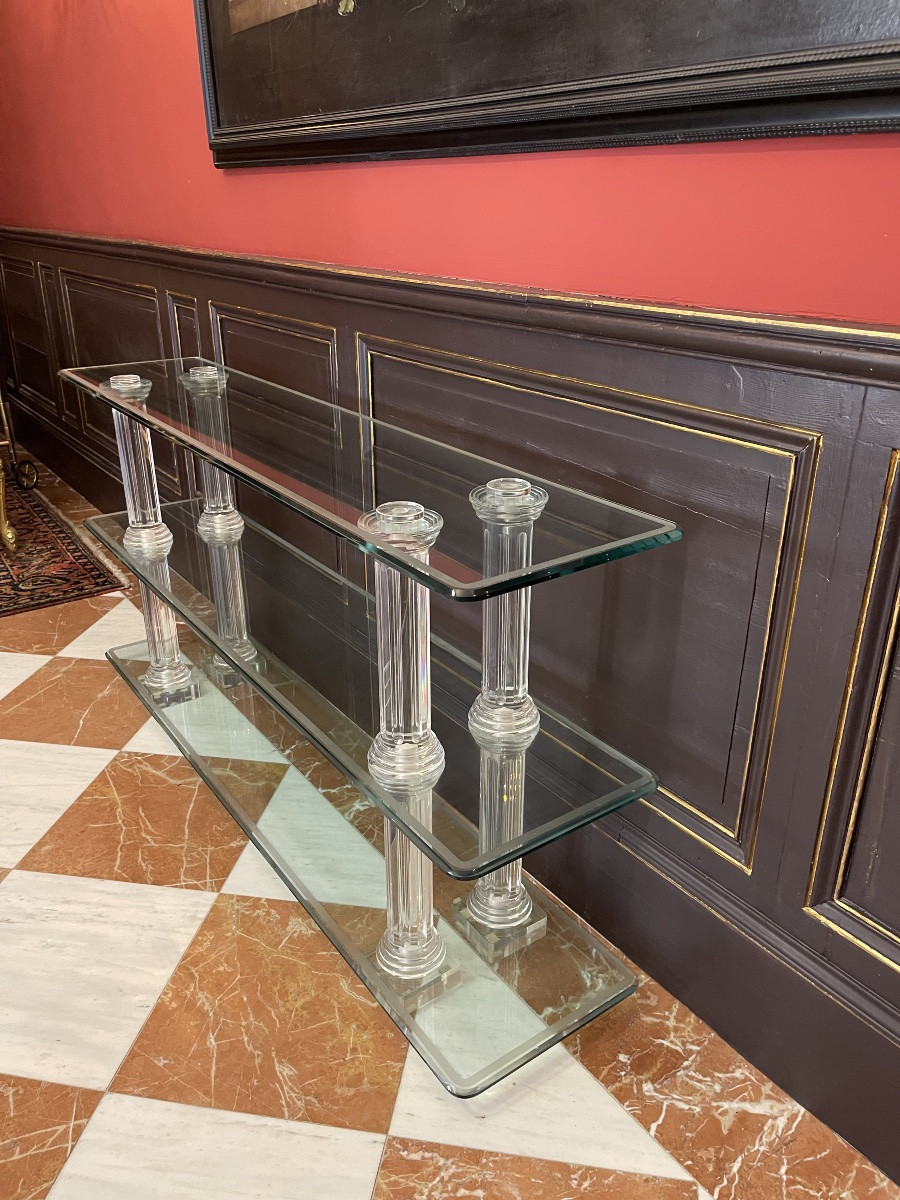 Grande console en verre épais et colonnettes cannelées - style Hollywood Regency, années 1970-photo-2