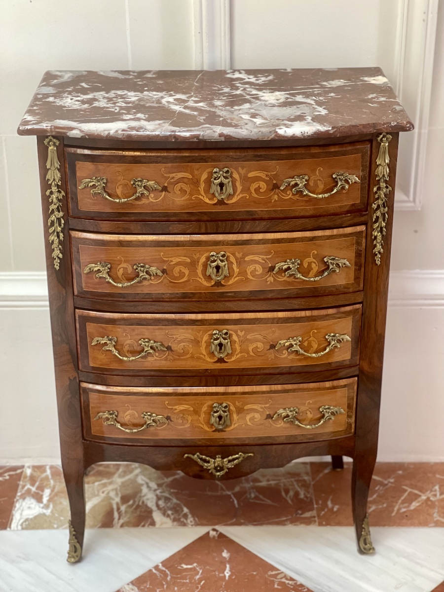 Petite commode chiffonnière en marqueterie, style Transition, XIXᵉ siècle-photo-2